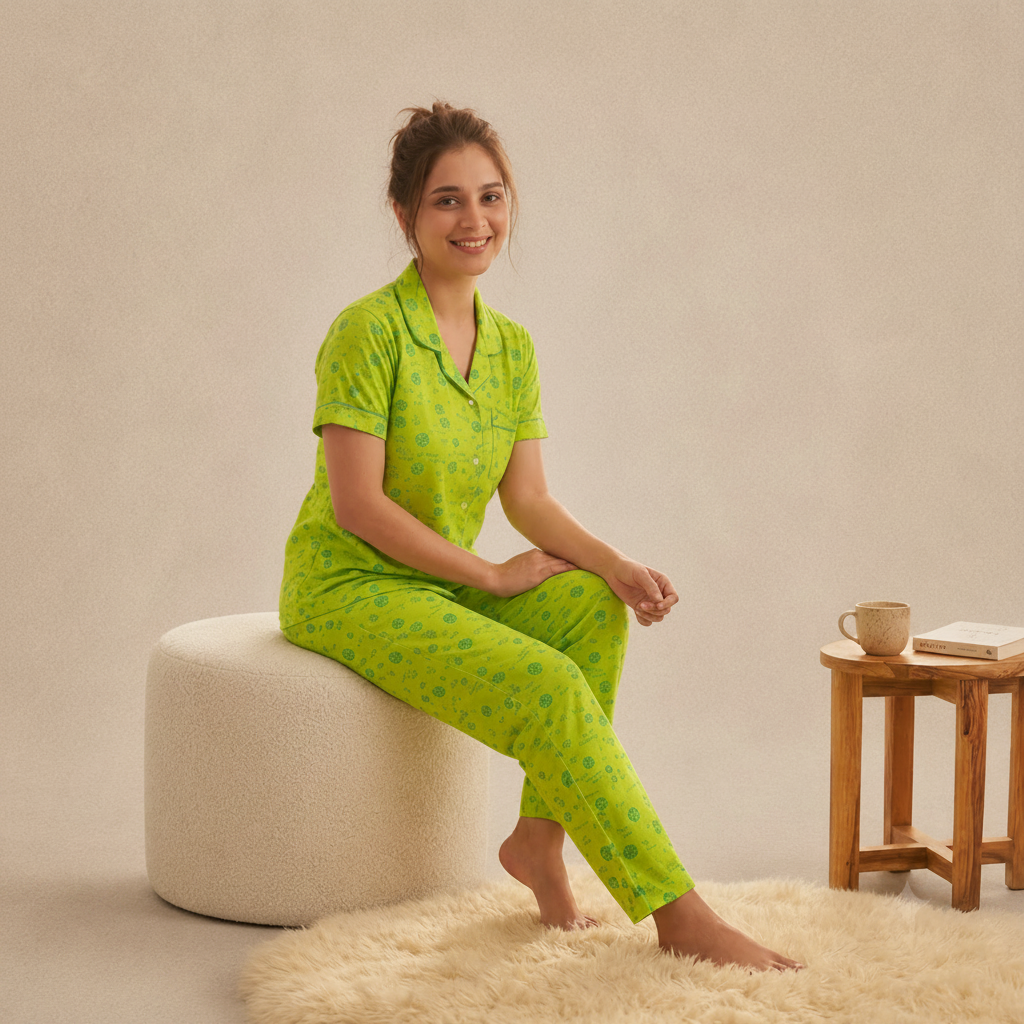 Lime Green Floral Print Cotton Shirt & Pants Pajama Set