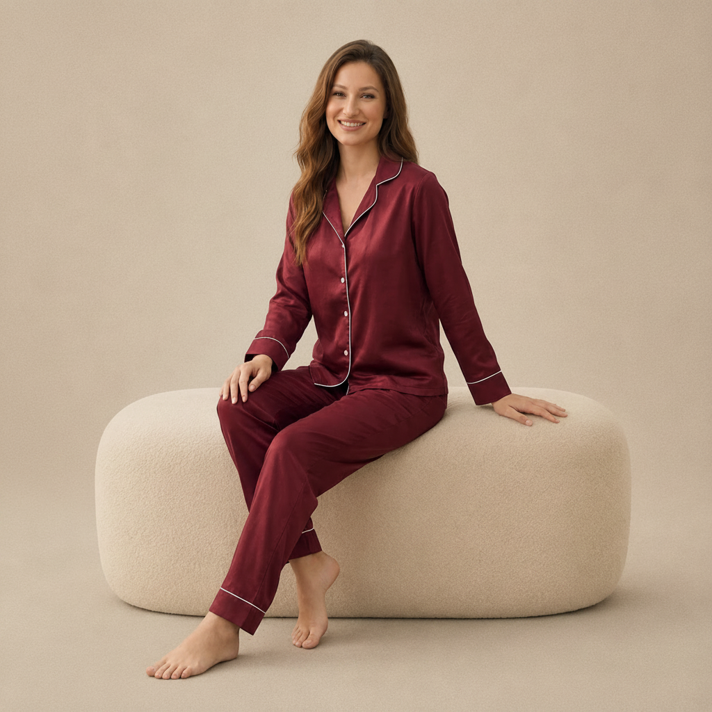 Burgundy Satin Long Sleeve Shirt & Pants Pajama Set – Contrast Piping