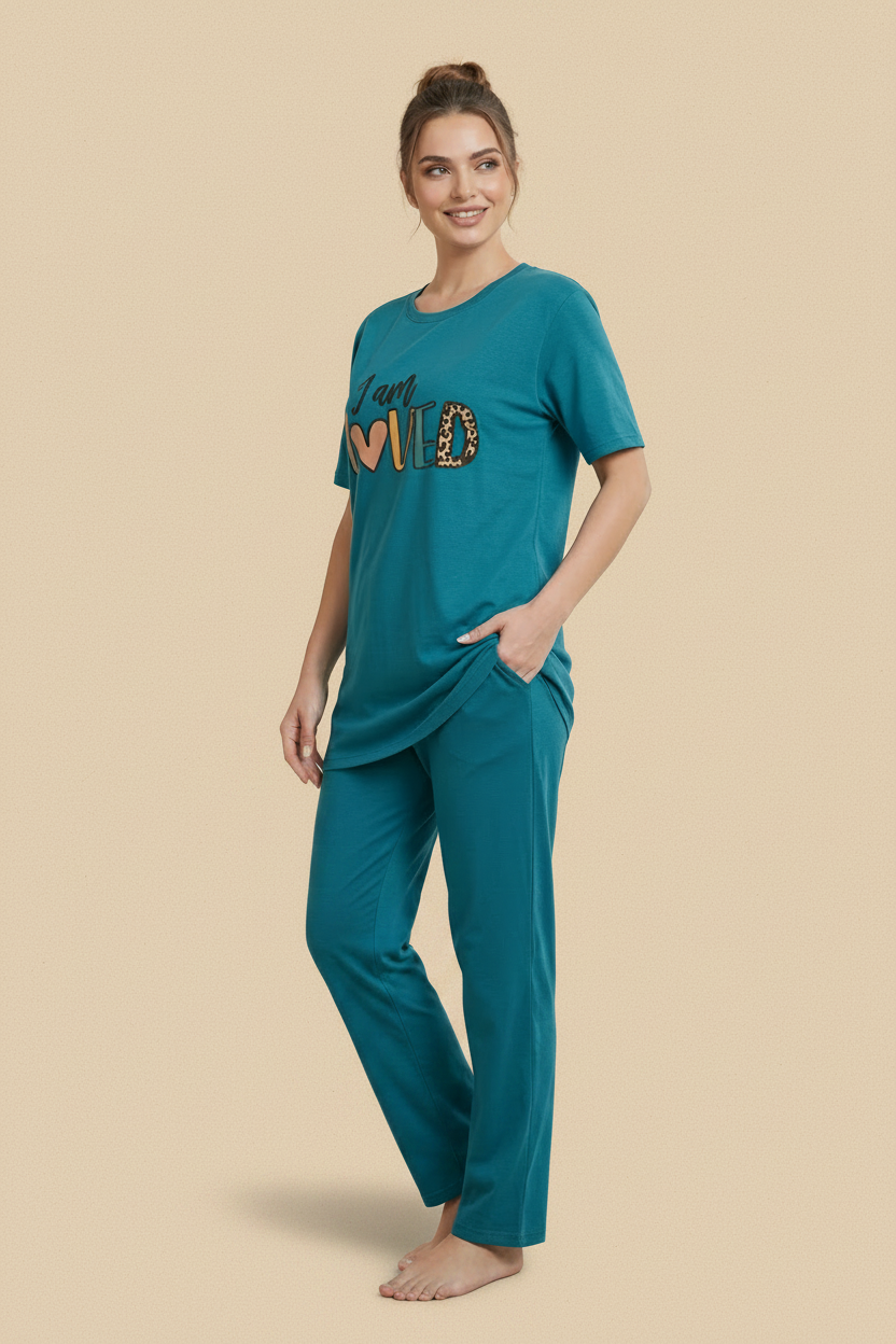 I Am Loved" Teal Graphic Tee & Pants Pajama Set – Summer & Stripes Collection
