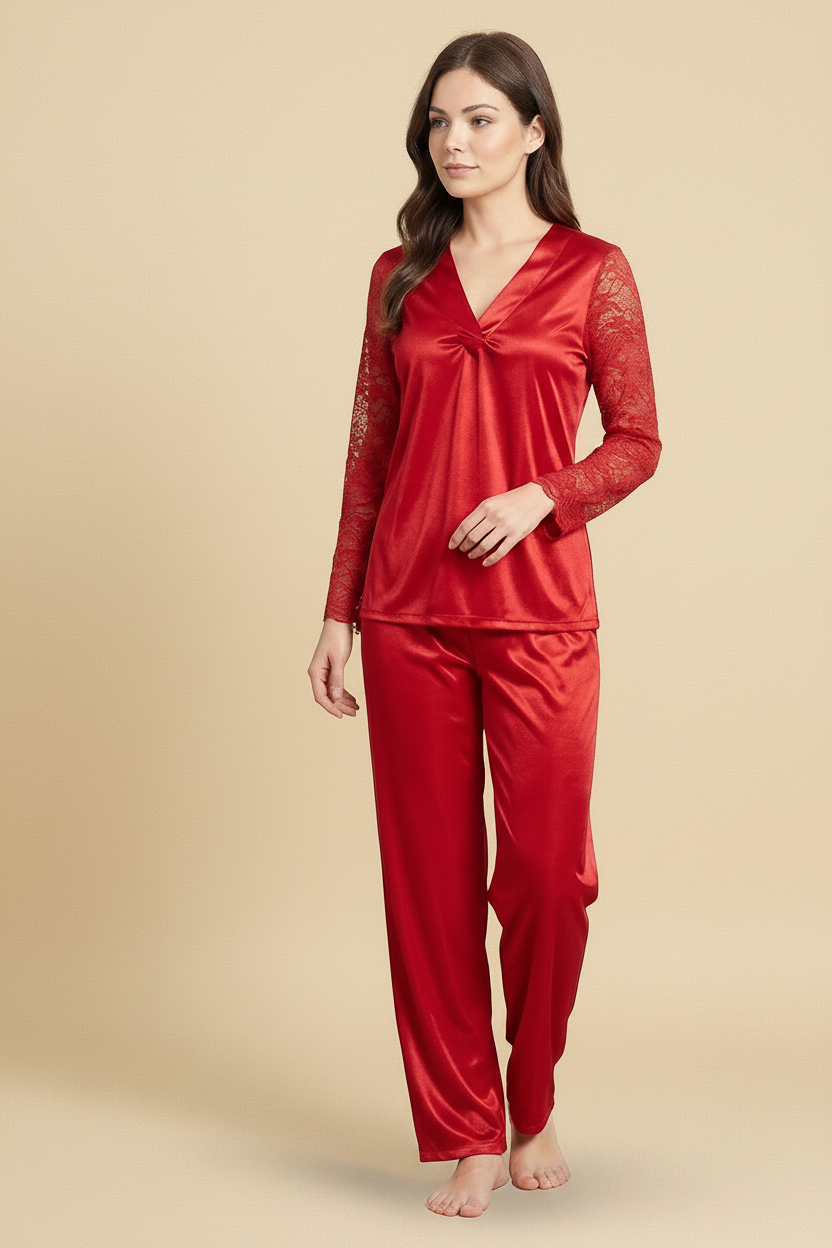 Red Lace-Sleeve Satin Pajama Set