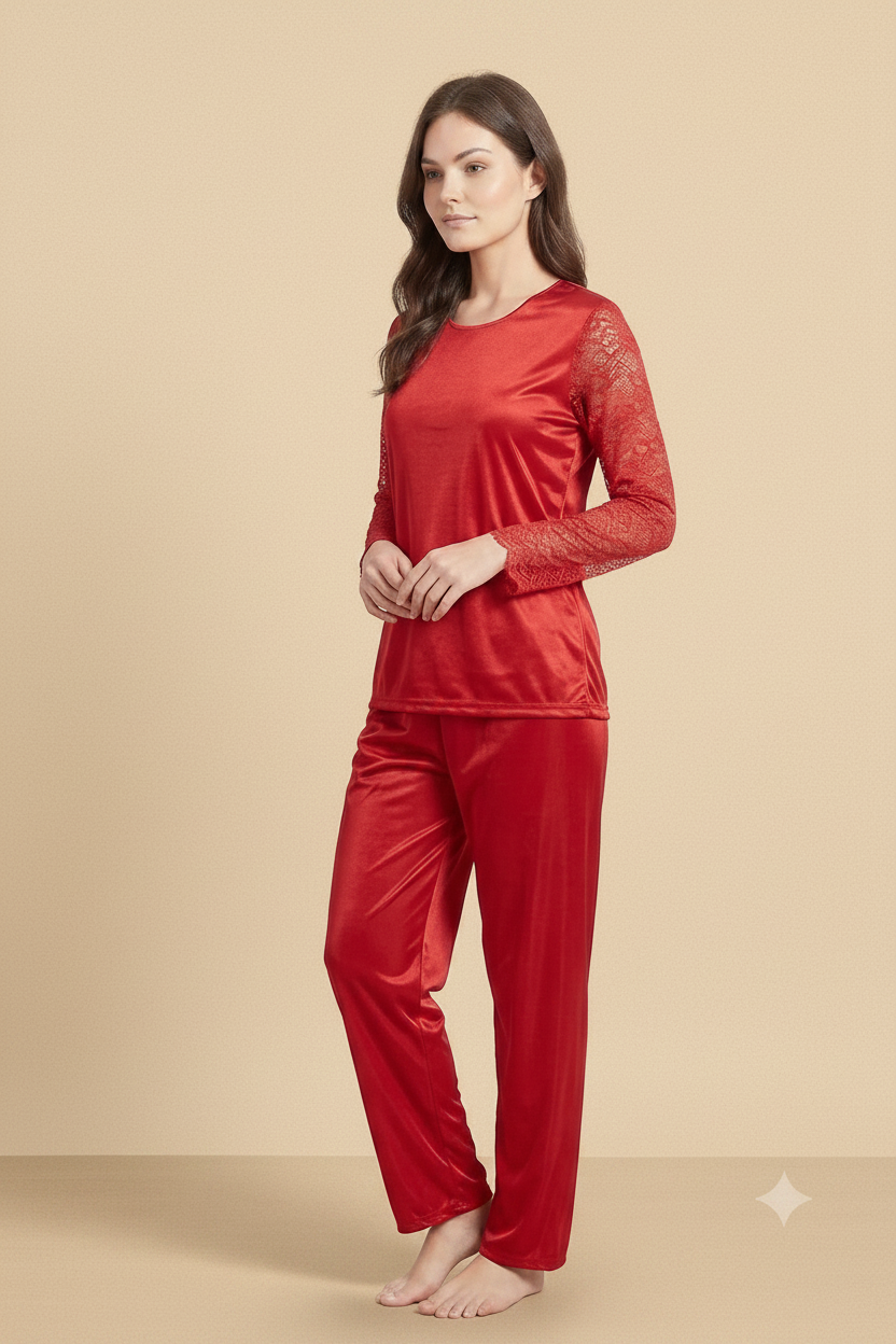 Red Lace-Sleeve Satin Pajama Set