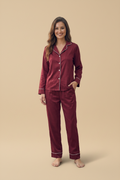Burgundy Satin Long Sleeve Shirt & Pants Pajama Set – Contrast Piping