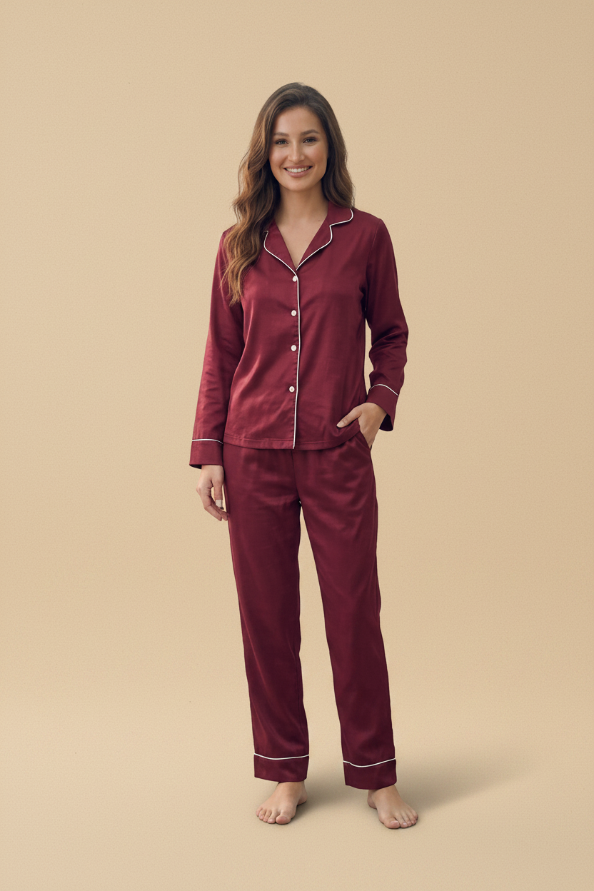 Burgundy Satin Long Sleeve Shirt & Pants Pajama Set – Contrast Piping