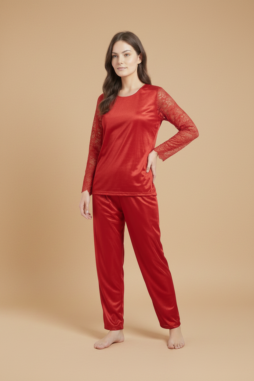 Red Lace-Sleeve Satin Pajama Set
