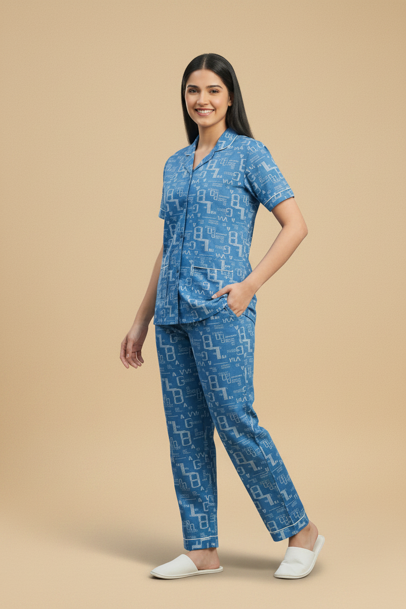 Blue Typographic Print Cotton Shirt & Pants Pajama Set
