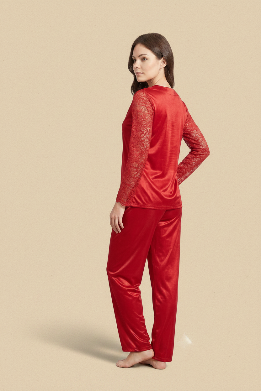 Red Lace-Sleeve Satin Pajama Set