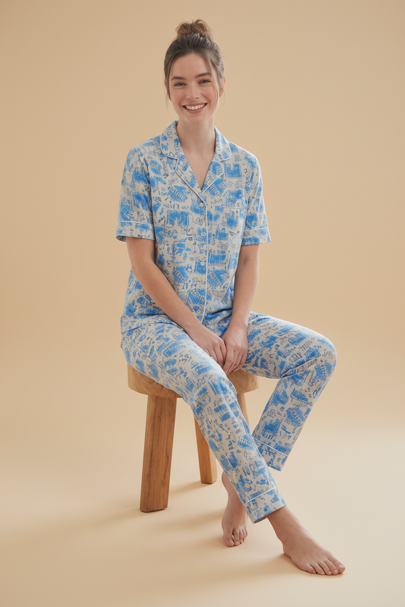 Blue Storybook Print Cotton Shirt & Pants Pajama Set