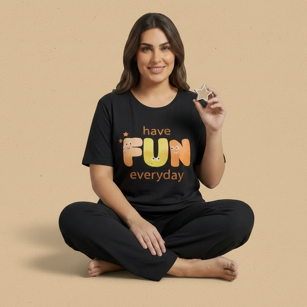 "Have Fun Everyday" Black Graphic Tee & Pants Pajama Set