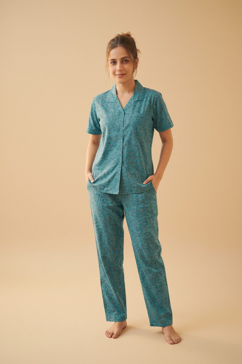 Teal Bliss Printed Cotton Shirt & Pants Set