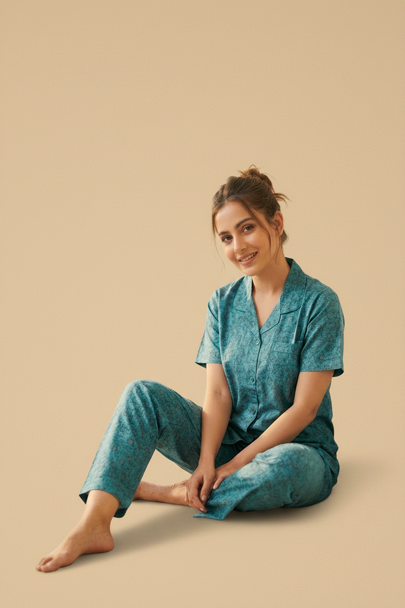 Teal Bliss Printed Cotton Shirt & Pants Set