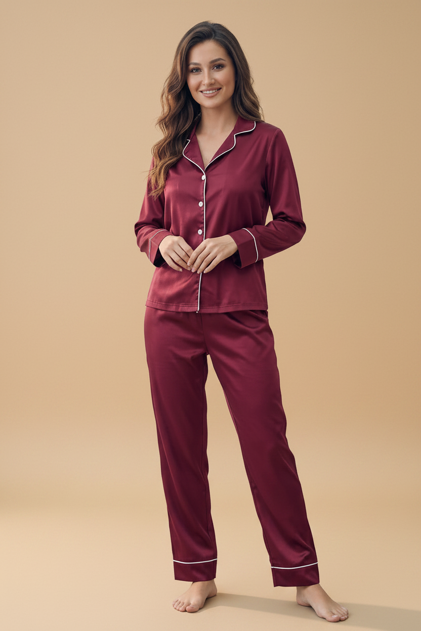 Burgundy Satin Long Sleeve Shirt & Pants Pajama Set – Contrast Piping