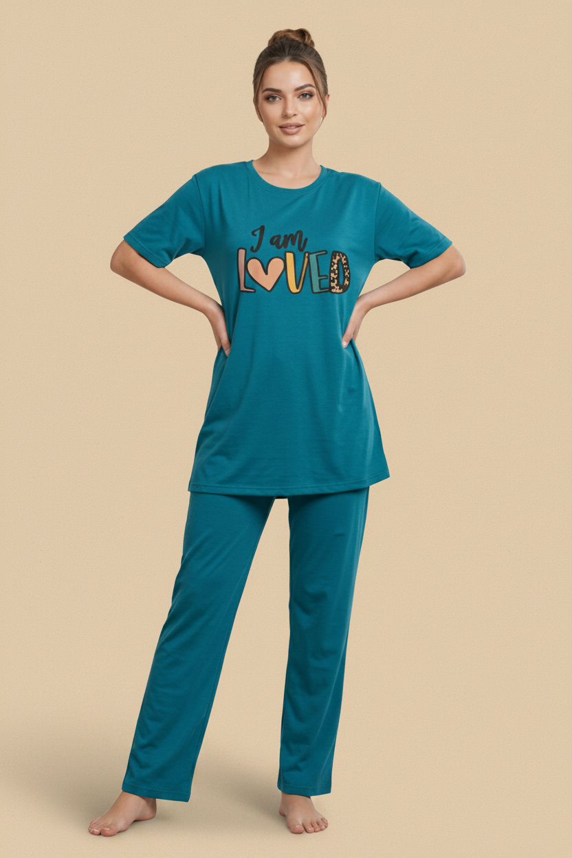 I Am Loved" Teal Graphic Tee & Pants Pajama Set – Summer & Stripes Collection