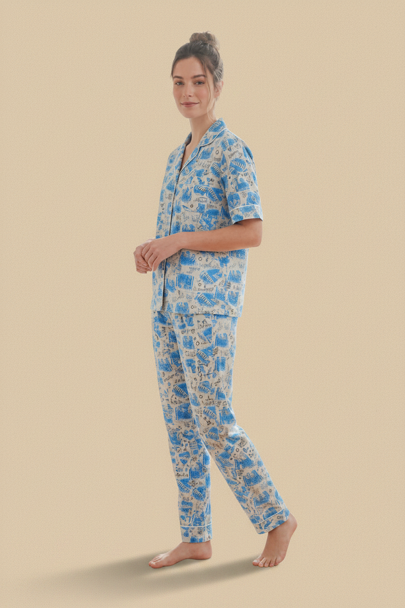 Blue Storybook Print Cotton Shirt & Pants Pajama Set