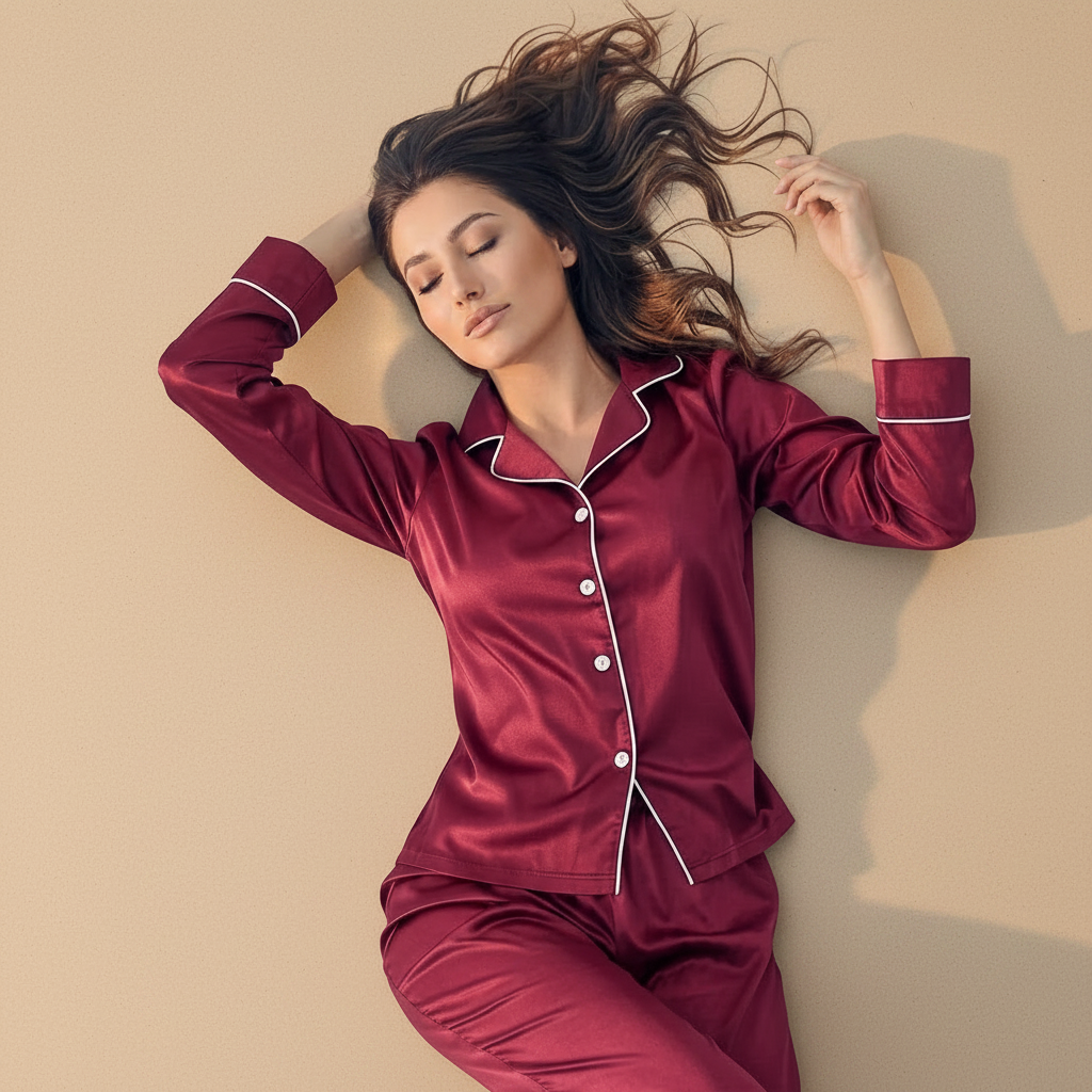 Burgundy Satin Long Sleeve Shirt & Pants Pajama Set – Contrast Piping