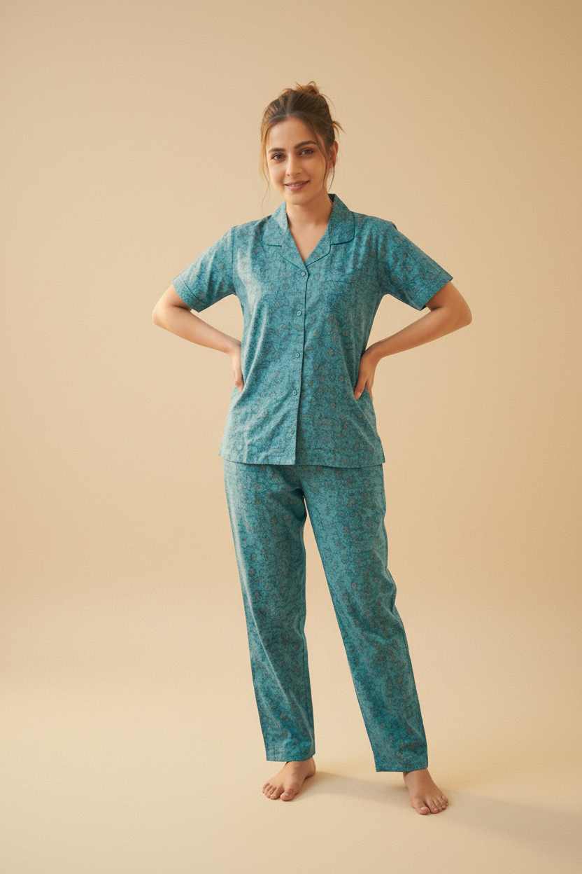 Teal Bliss Printed Cotton Shirt & Pants Set