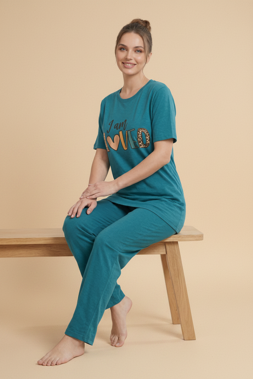I Am Loved" Teal Graphic Tee & Pants Pajama Set – Summer & Stripes Collection