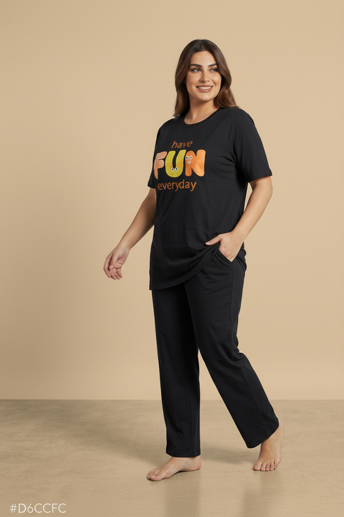 "Have Fun Everyday" Black Graphic Tee & Pants Pajama Set