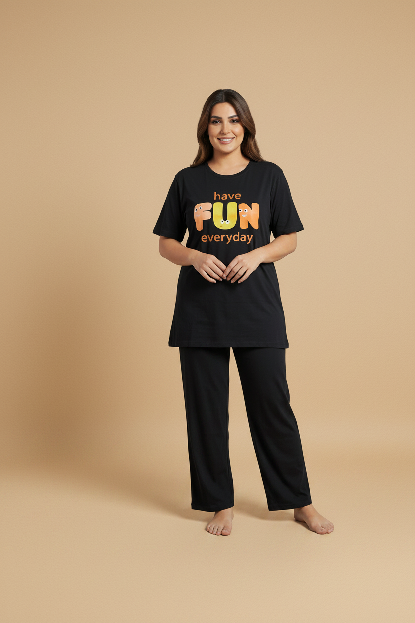 "Have Fun Everyday" Black Graphic Tee & Pants Pajama Set