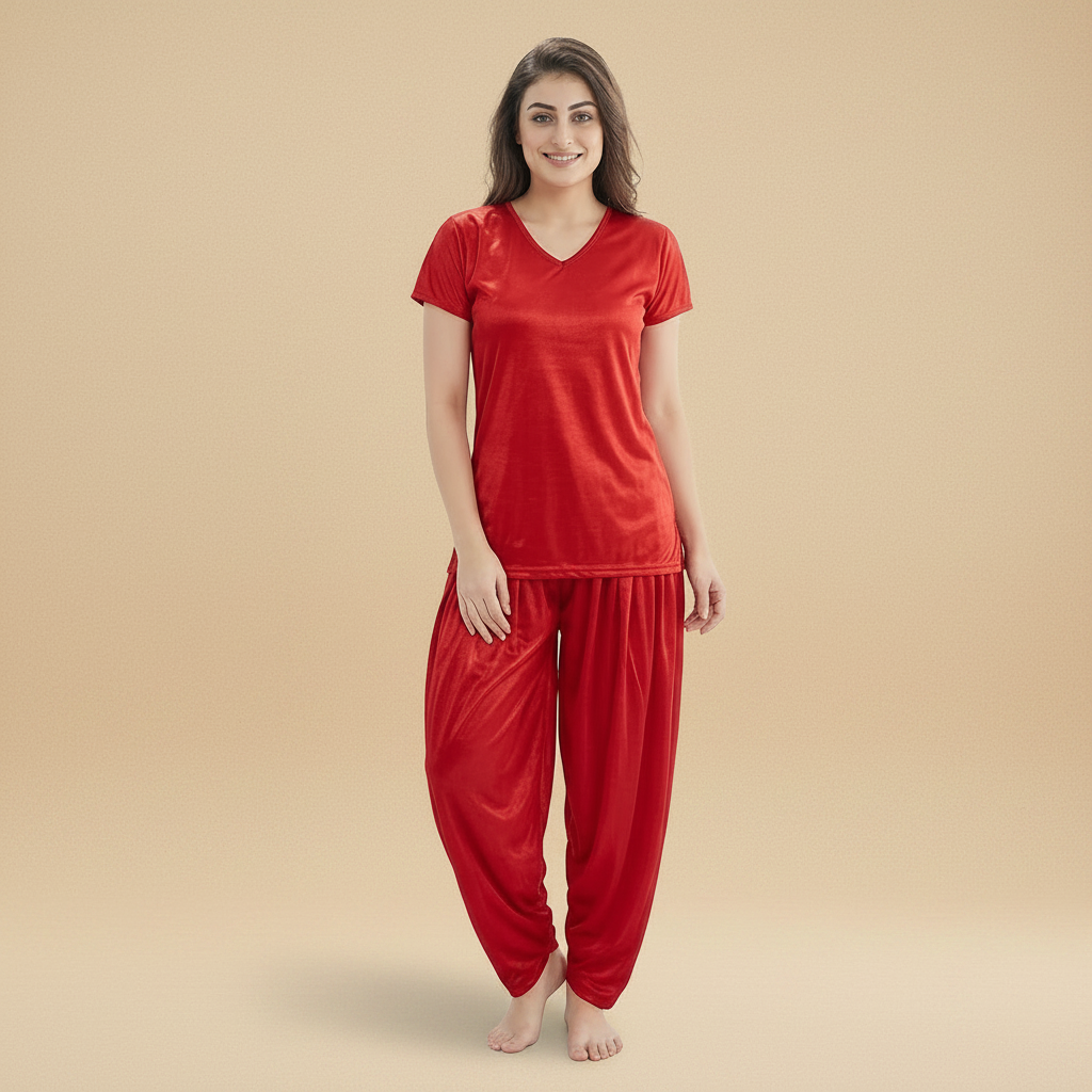 Red Satin Top & Patiala Pants Co-ord Set