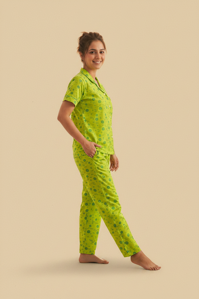 Lime Green Floral Print Cotton Shirt & Pants Pajama Set