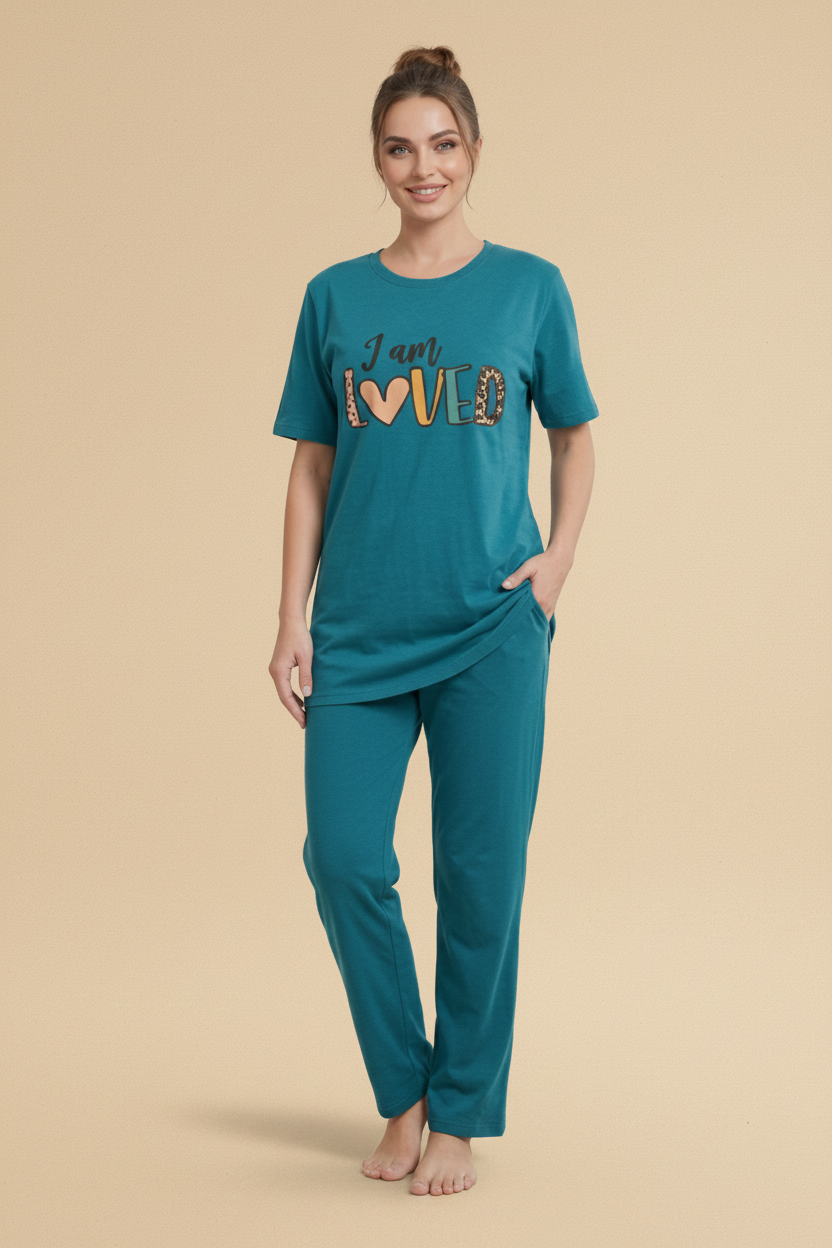 I Am Loved" Teal Graphic Tee & Pants Pajama Set – Summer & Stripes Collection