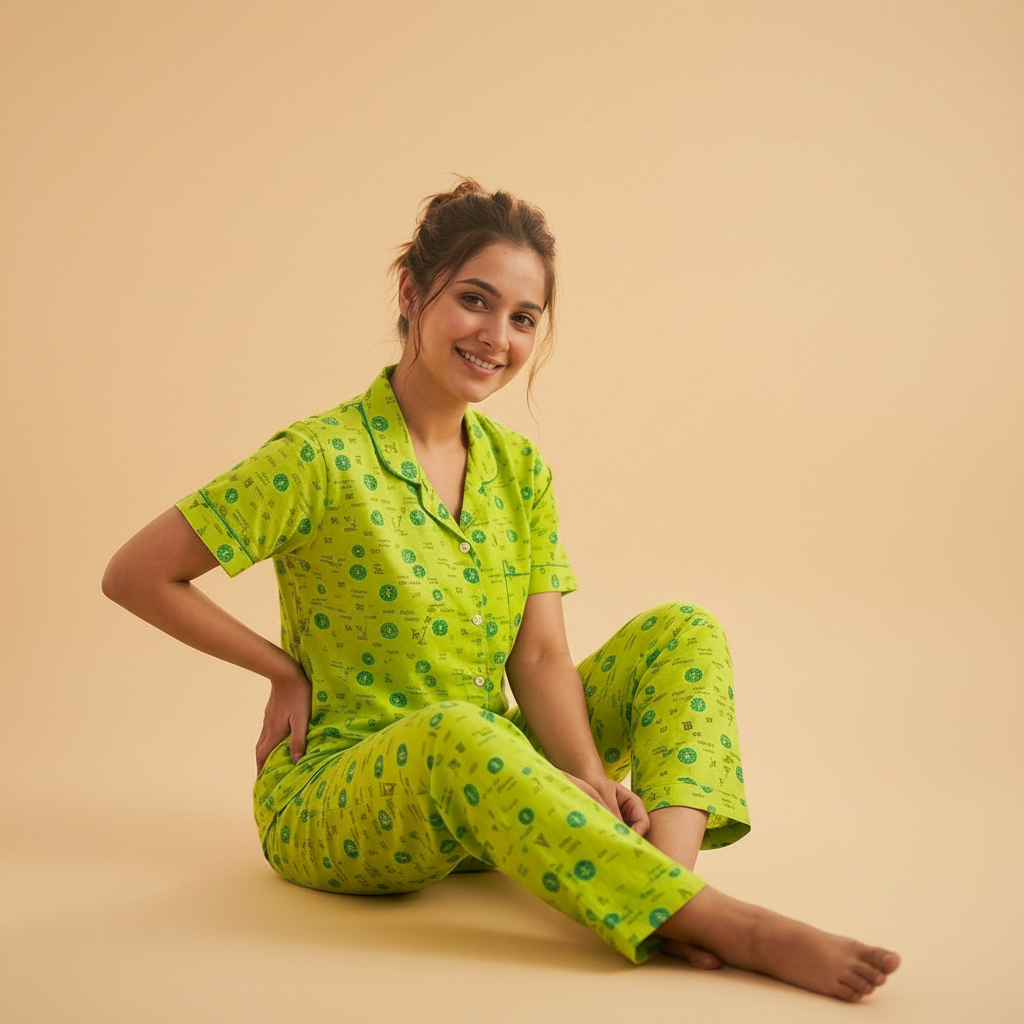 Lime Green Floral Print Cotton Shirt & Pants Pajama Set