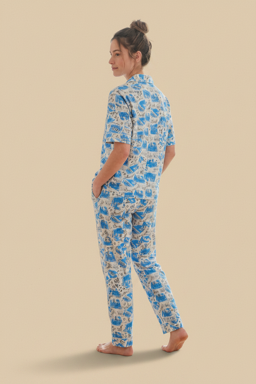 Blue Storybook Print Cotton Shirt & Pants Pajama Set