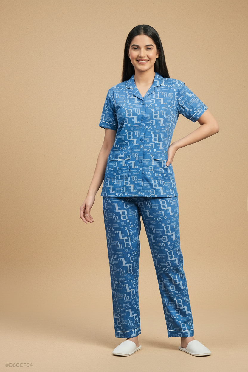 Blue Typographic Print Cotton Shirt & Pants Pajama Set
