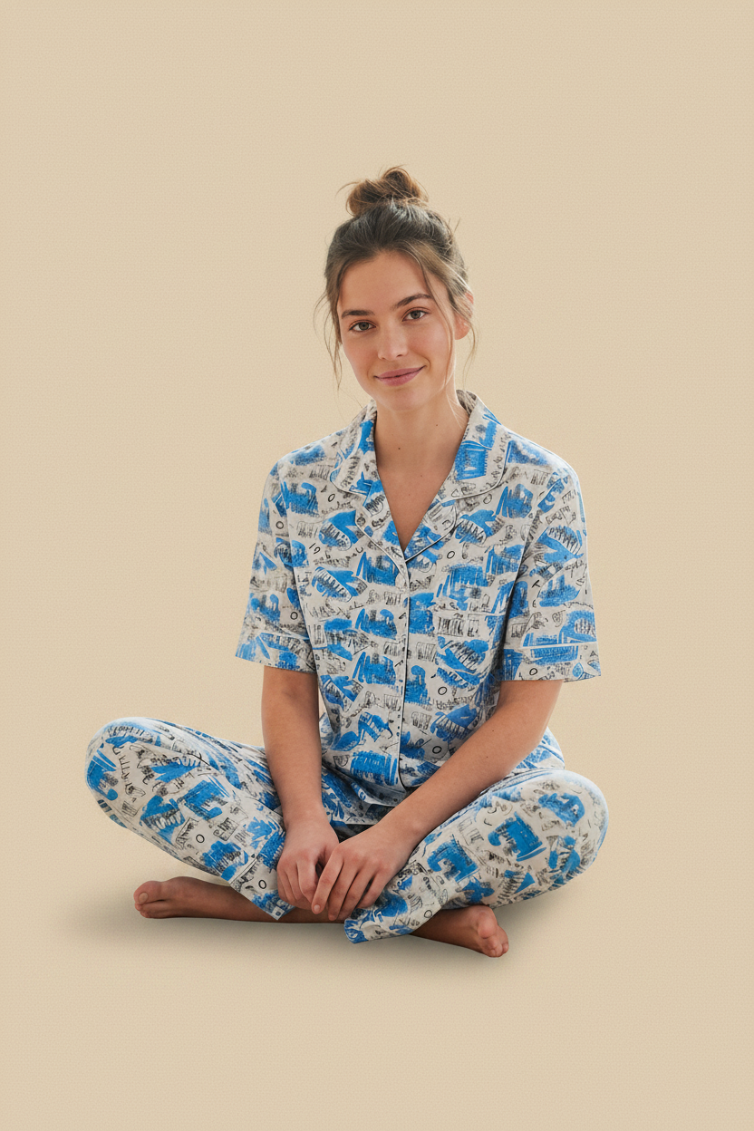 Blue Storybook Print Cotton Shirt & Pants Pajama Set