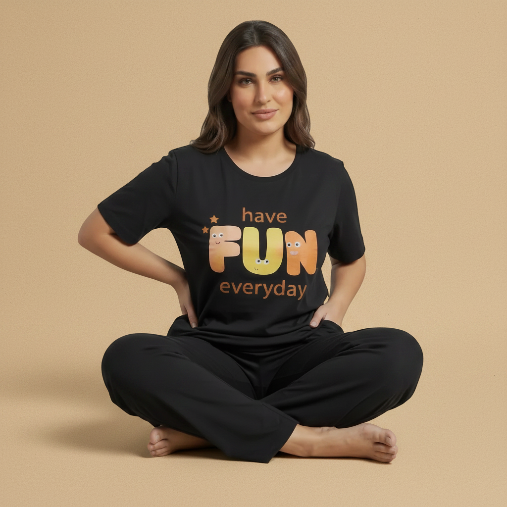 "Have Fun Everyday" Black Graphic Tee & Pants Pajama Set