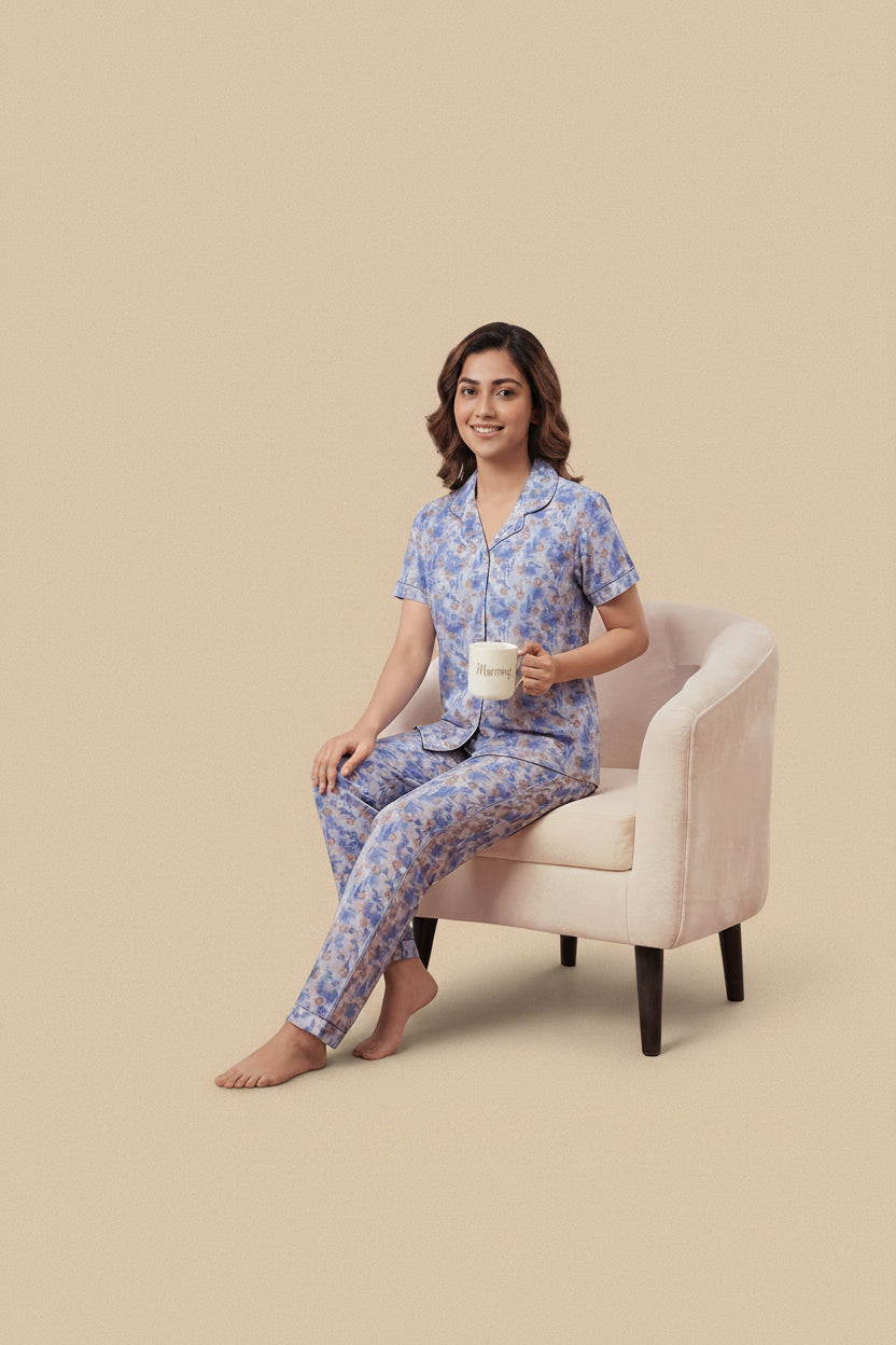 Blue Floral Satin Shirt & Pants Pajama Set