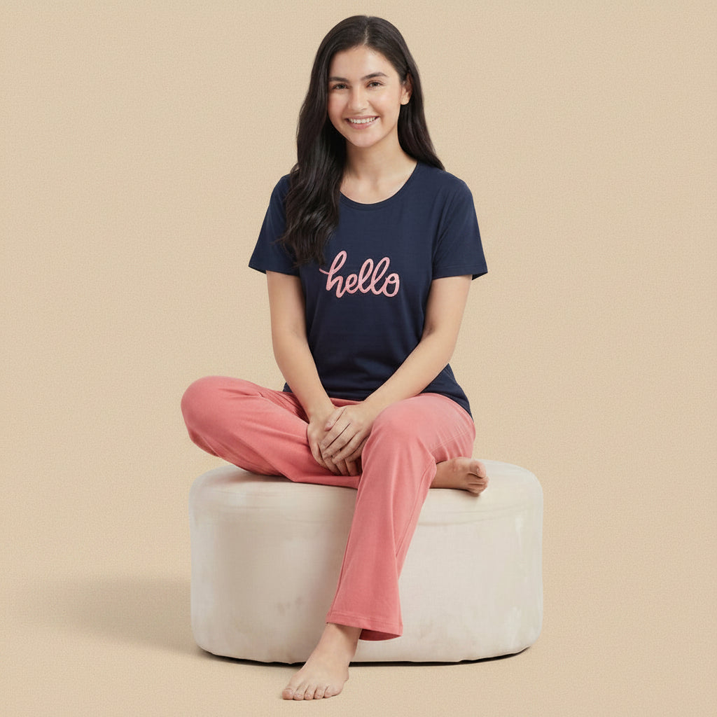 "Hello" Slogan Tee & Coral Pants Pajama Set