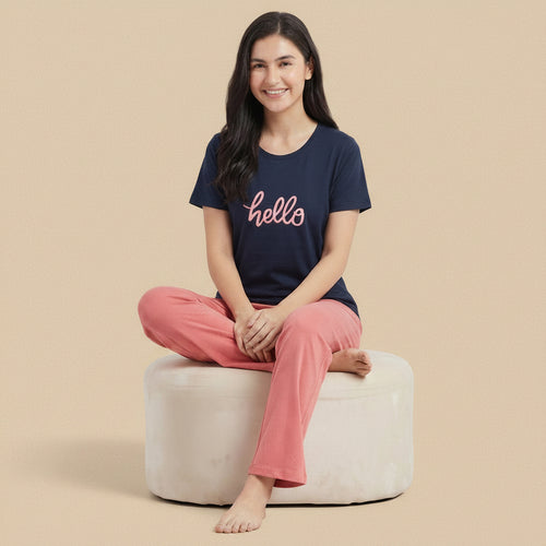 "Hello" Slogan Tee & Coral Pants Pajama Set