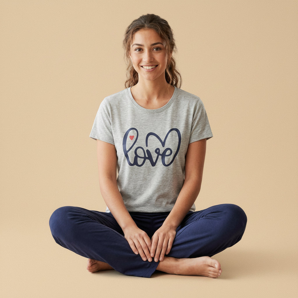 "Love" Script Graphic Tee & Navy Pants Pajama Set