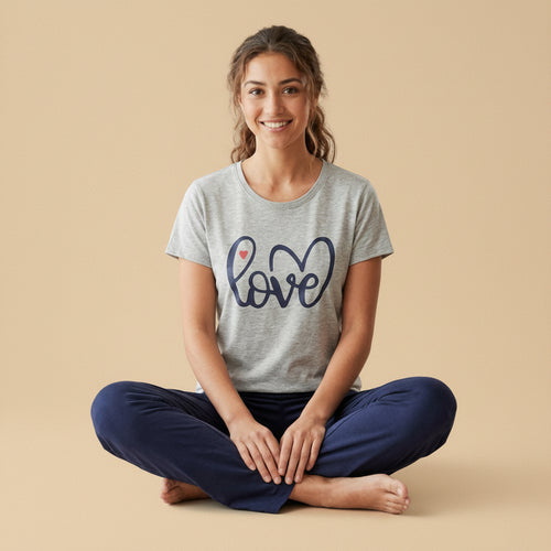 "Love" Script Graphic Tee & Navy Pants Pajama Set