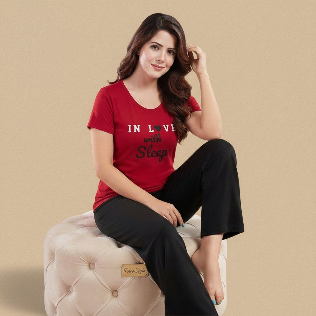 "In Love With Sleep" Red Graphic Tee & Black Pants Pajama Set