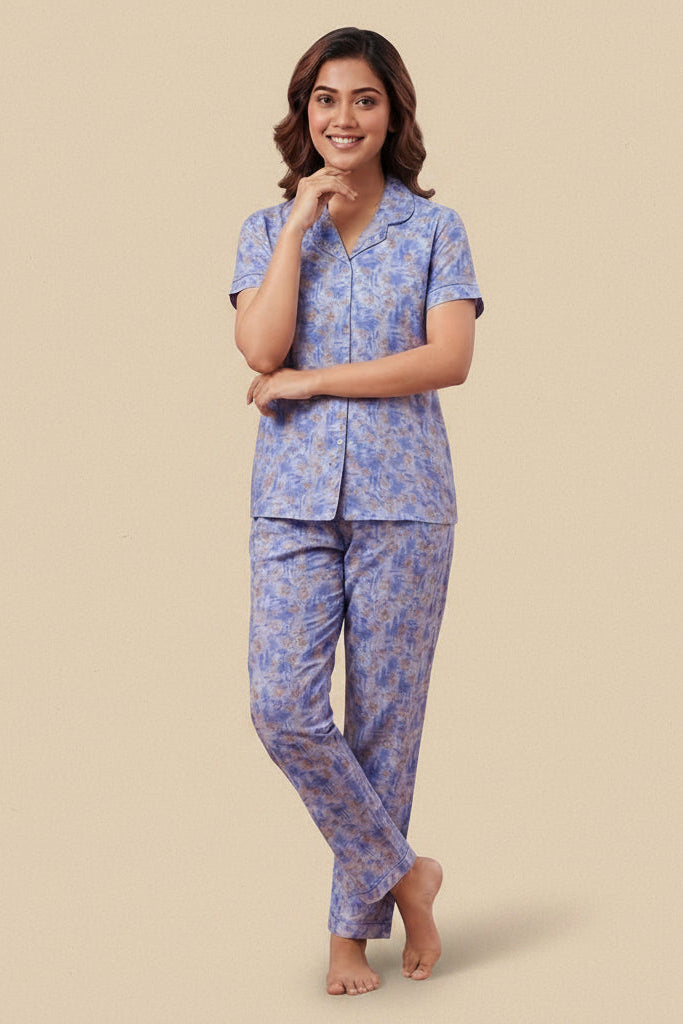 Blue Floral Satin Shirt & Pants Pajama Set