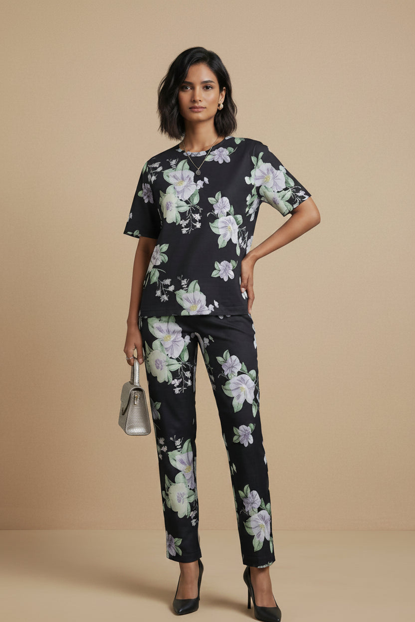 Black Floral Tee & Pants Co-ord Set