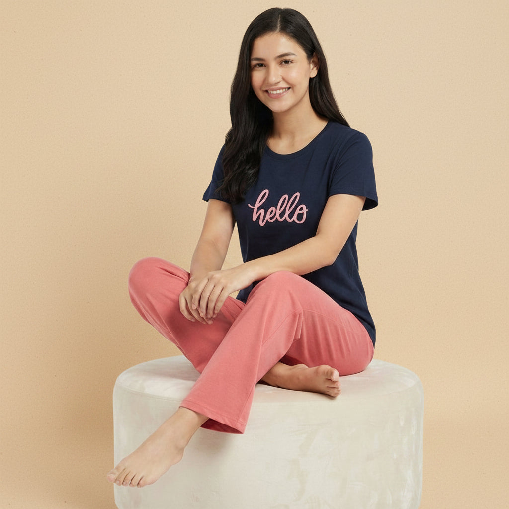 "Hello" Slogan Tee & Coral Pants Pajama Set