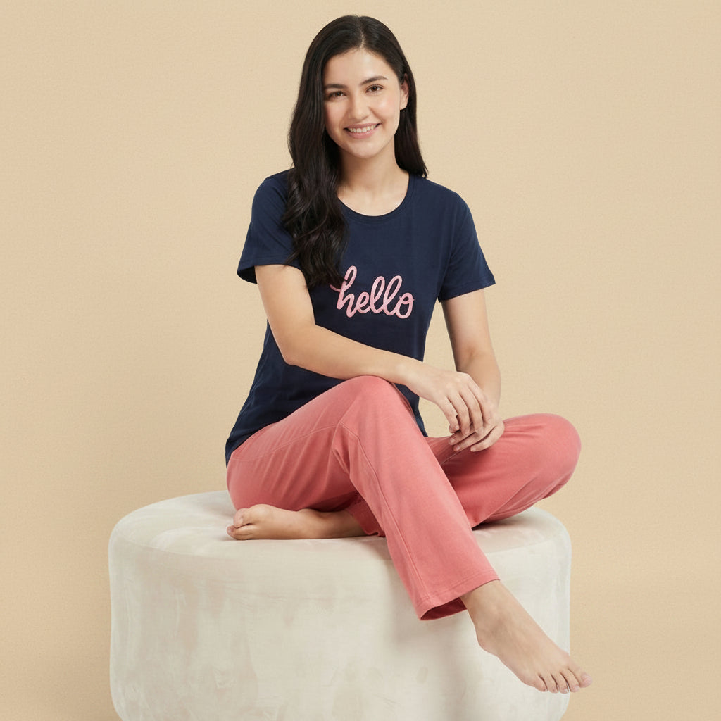 "Hello" Slogan Tee & Coral Pants Pajama Set