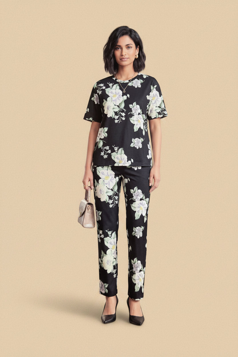 Black Floral Tee & Pants Co-ord Set